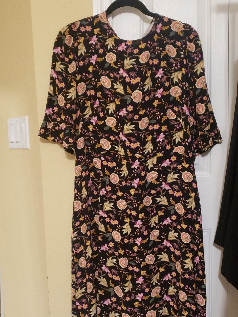LOFT Black Midi Dress with Pink and Cream Floral Motif